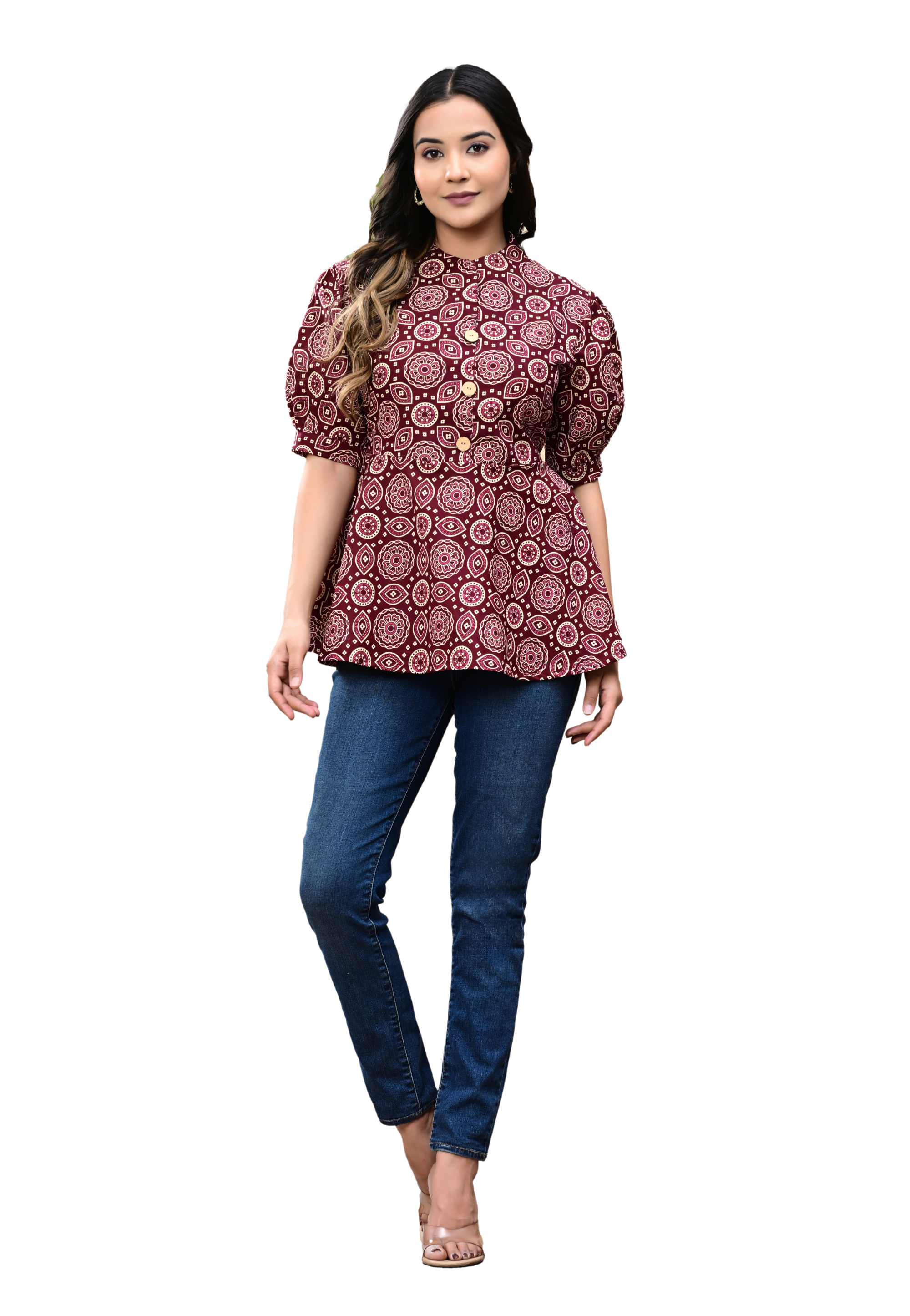 Women's Maroon Floral Block Print Angrakha Peplum Top