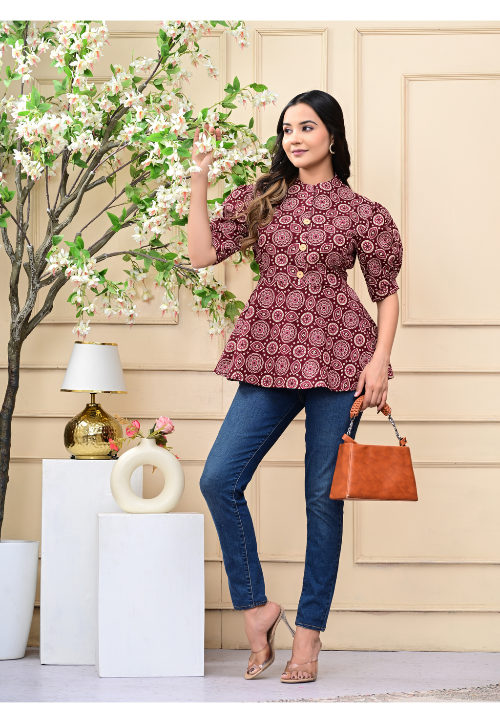 Women's Maroon Floral Block Print Angrakha Peplum Top
