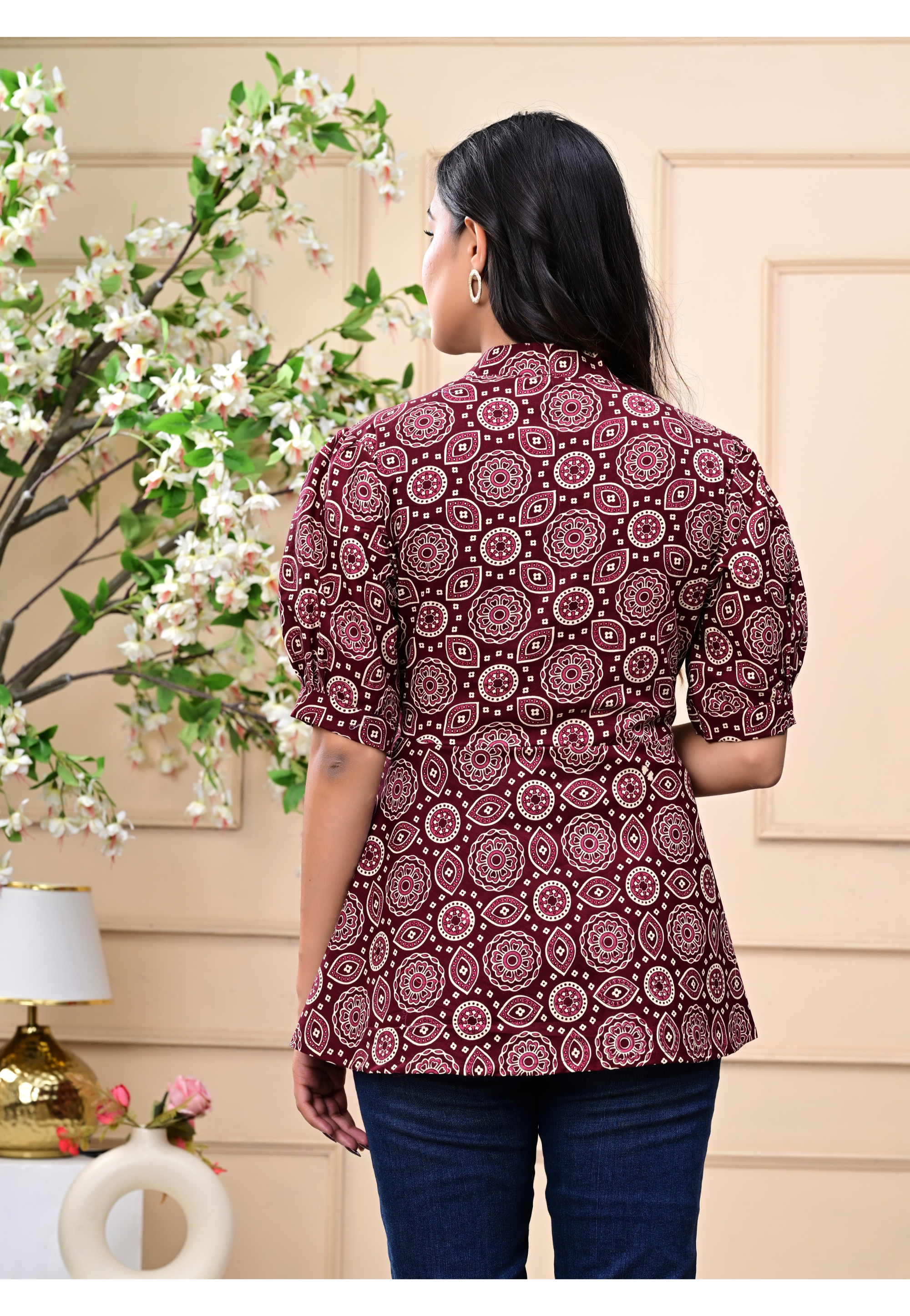 Women's Maroon Floral Block Print Angrakha Peplum Top