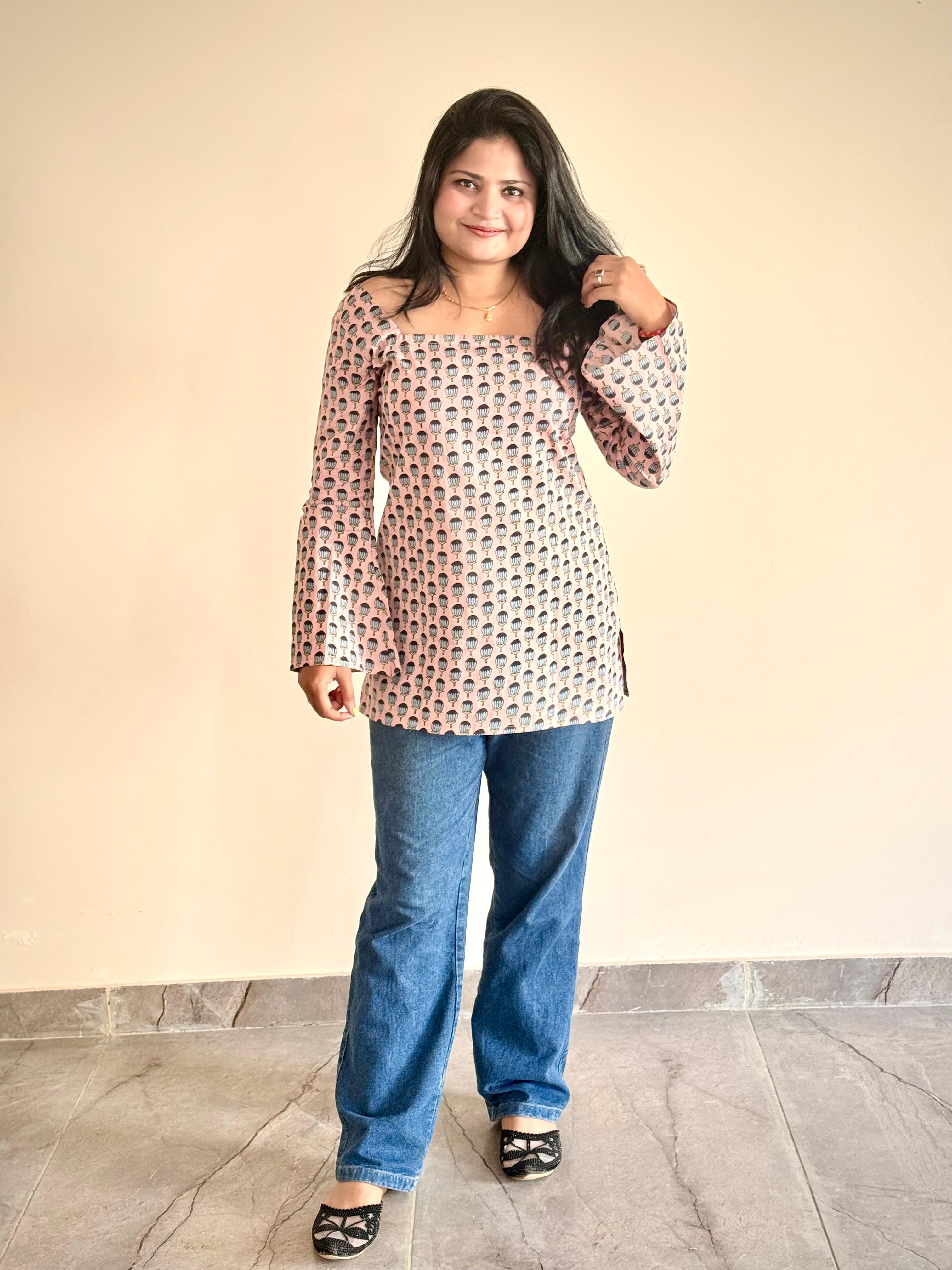 Women's Grey Printed Cotton Bell Sleeve Tunic Top