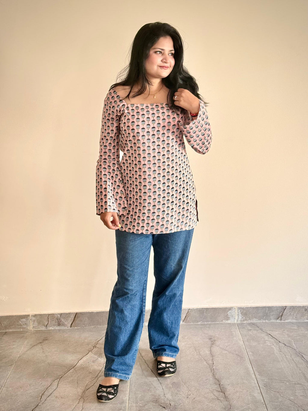 Women's Grey Printed Cotton Bell Sleeve Tunic Top