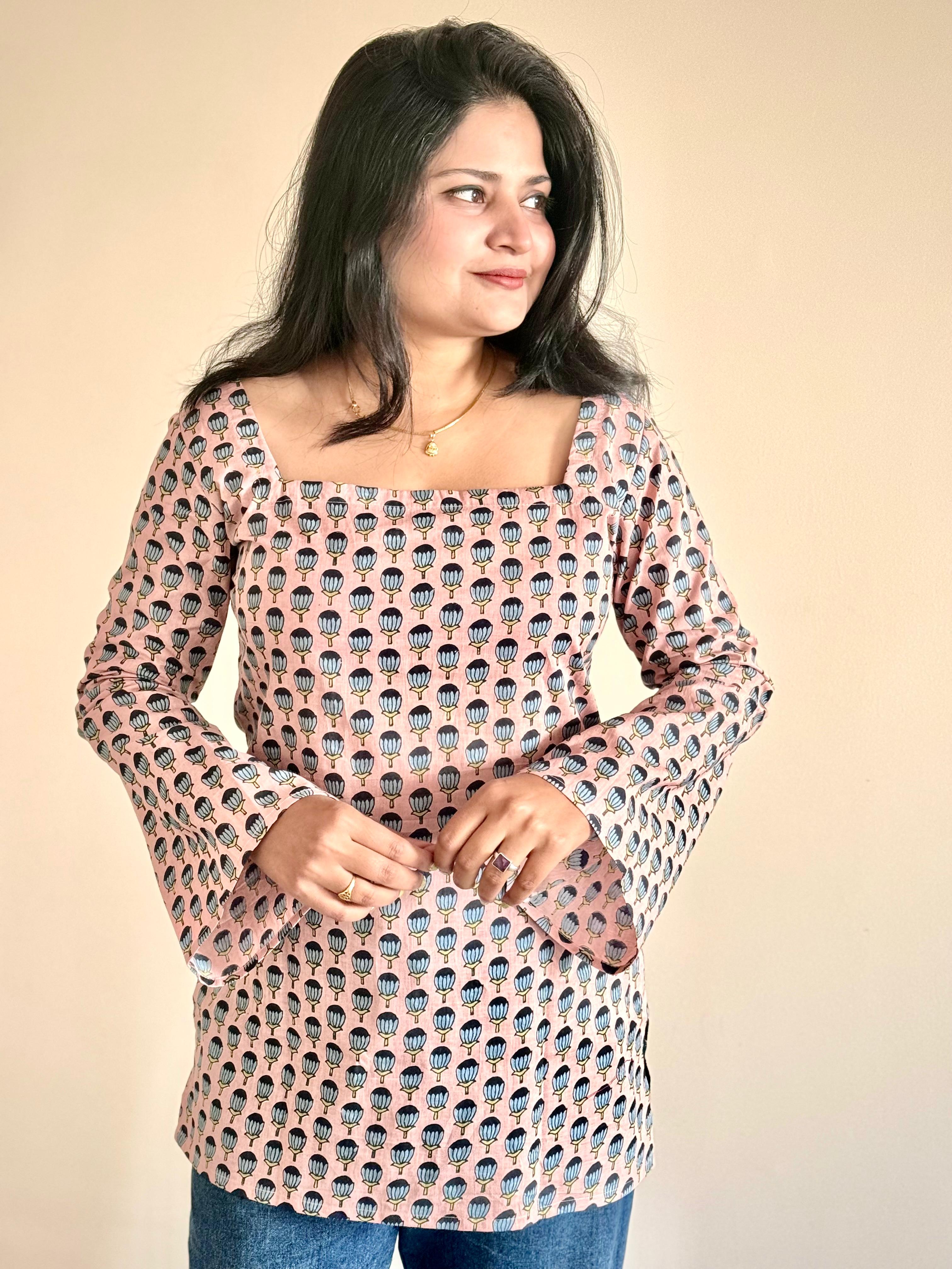 Women's Grey Printed Cotton Bell Sleeve Tunic Top