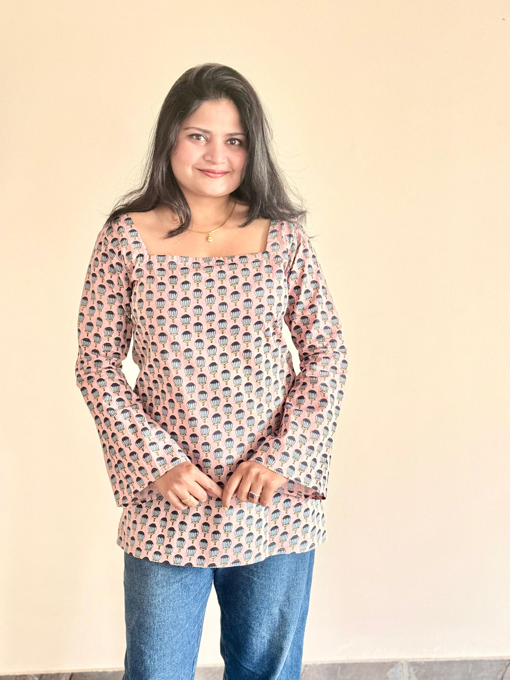 Women's Grey Printed Cotton Bell Sleeve Tunic Top