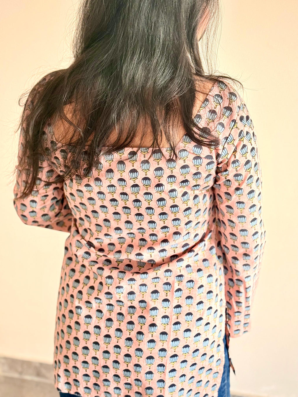 Women's Grey Printed Cotton Bell Sleeve Tunic Top