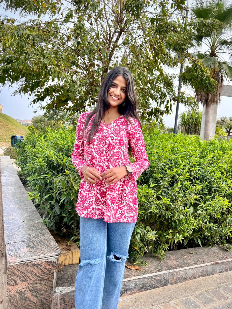 Women’s Pink Rayon Floral Printed Peplum Kurti Top