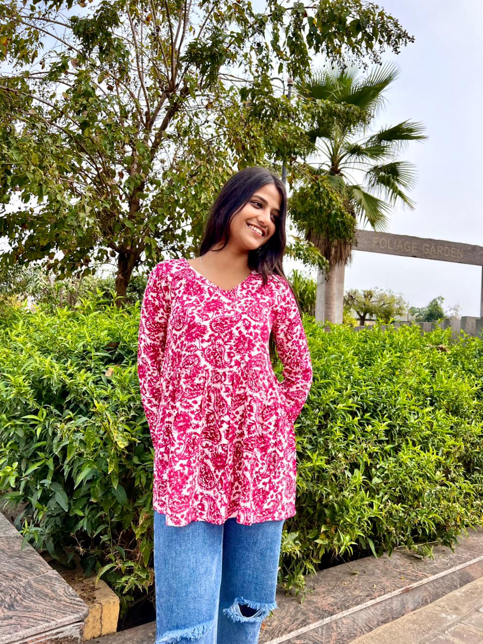 Women’s Pink Rayon Floral Printed Peplum Kurti Top