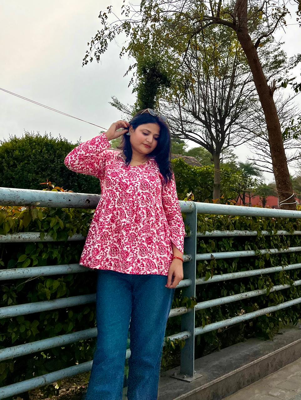 Women’s Pink Rayon Floral Printed Peplum Kurti Top