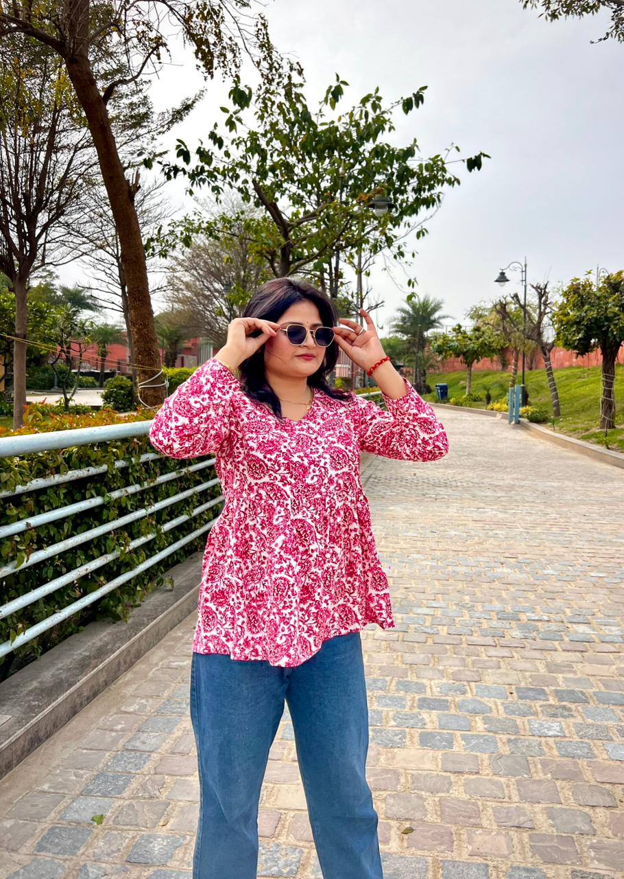 Women’s Pink Rayon Floral Printed Peplum Kurti Top