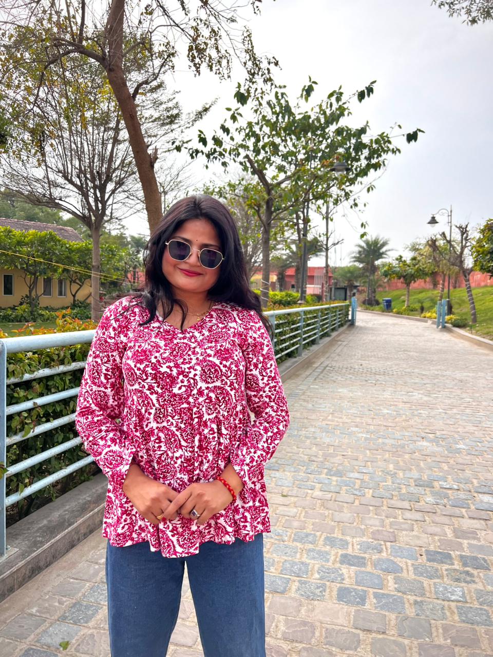 Women’s Pink Rayon Floral Printed Peplum Kurti Top