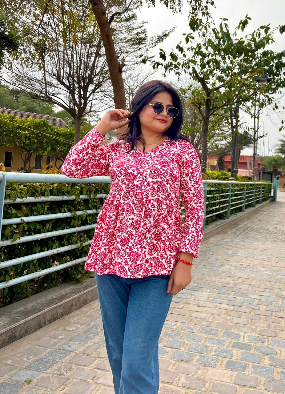Women’s Pink Rayon Floral Printed Peplum Kurti Top