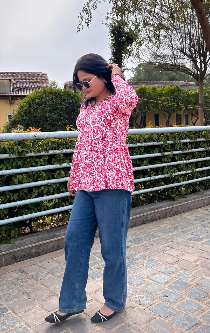 Women’s Pink Rayon Floral Printed Peplum Kurti Top