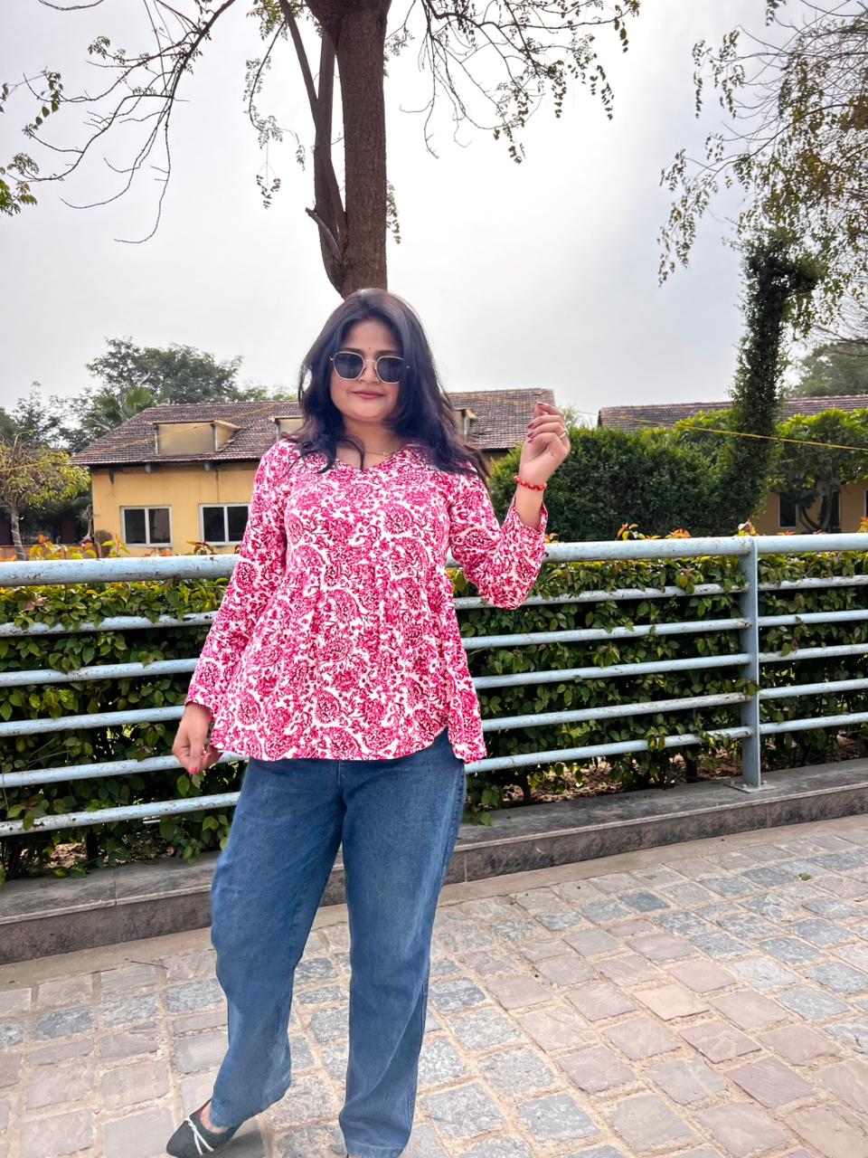 Women’s Pink Rayon Floral Printed Peplum Kurti Top