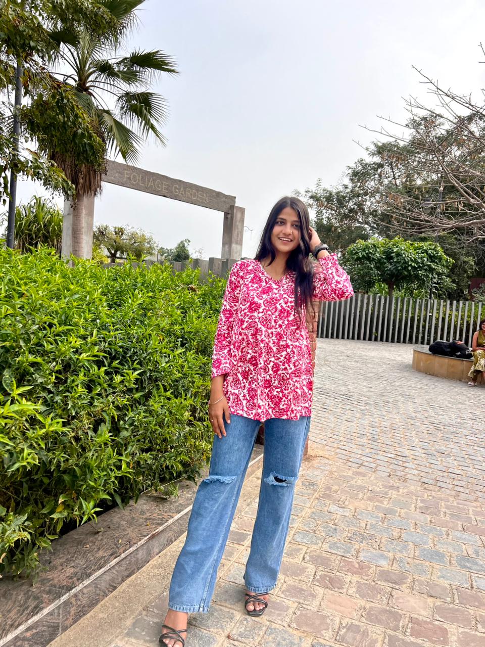 Women’s Pink Rayon Floral Printed Peplum Kurti Top