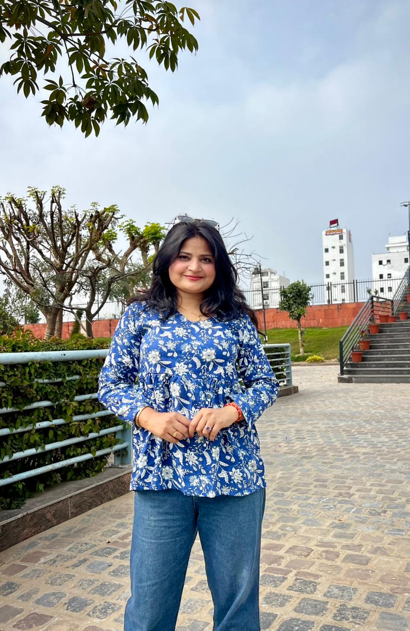 Women’s Blue Rayon Floral Printed Peplum Kurti Top