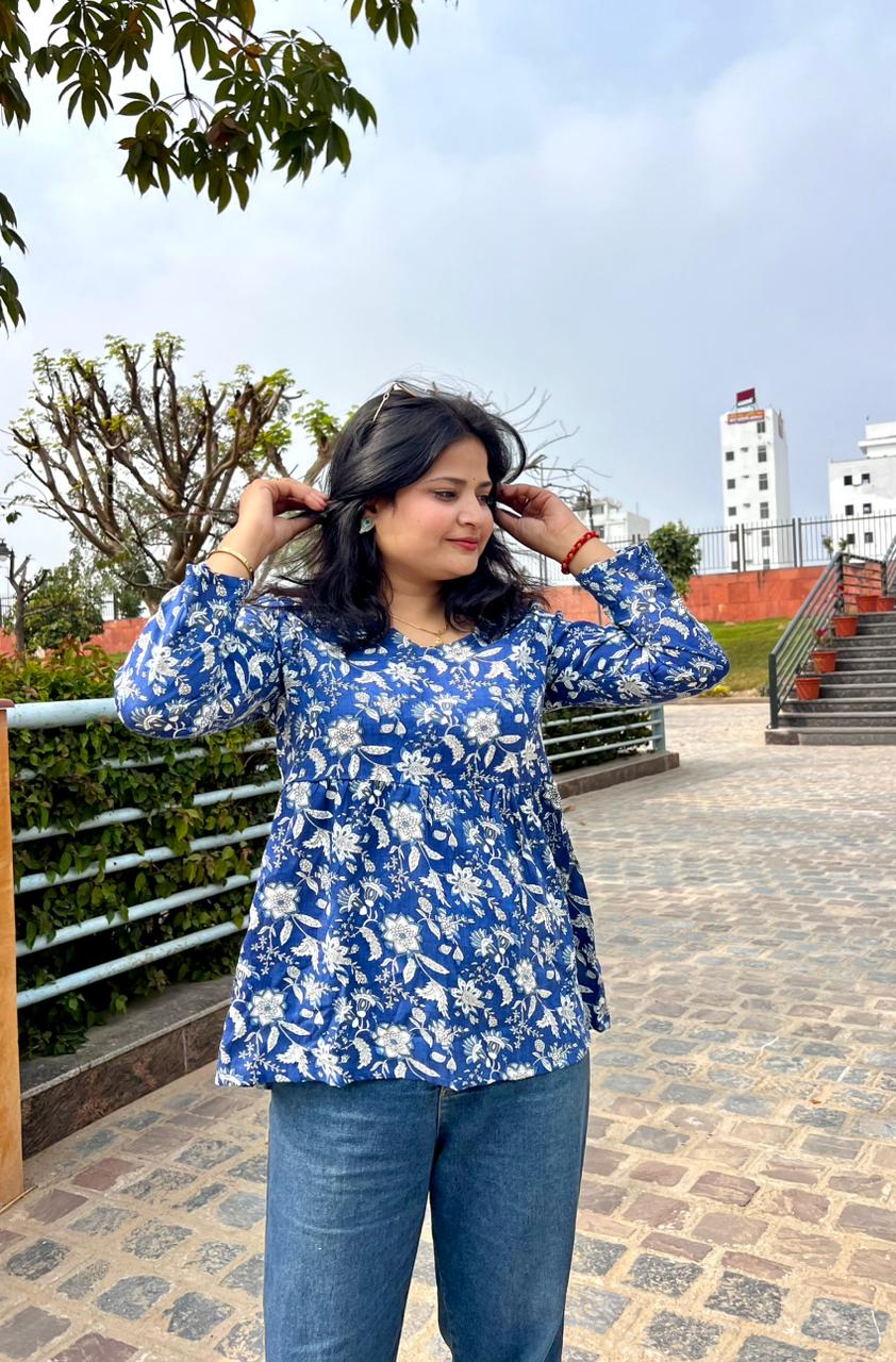 Women’s Blue Rayon Floral Printed Peplum Kurti Top