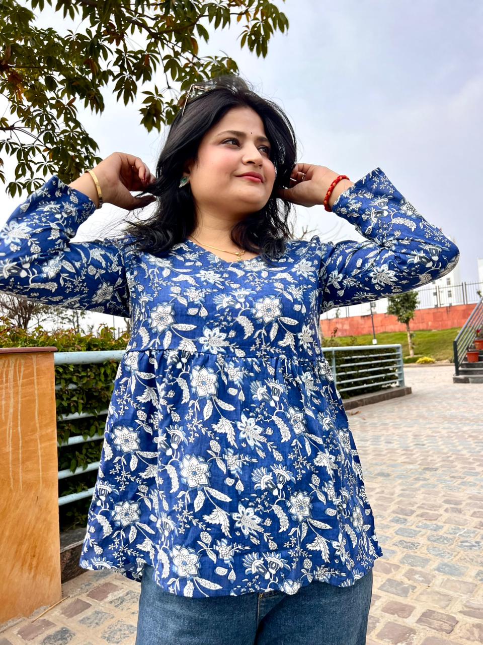 Women’s Blue Rayon Floral Printed Peplum Kurti Top