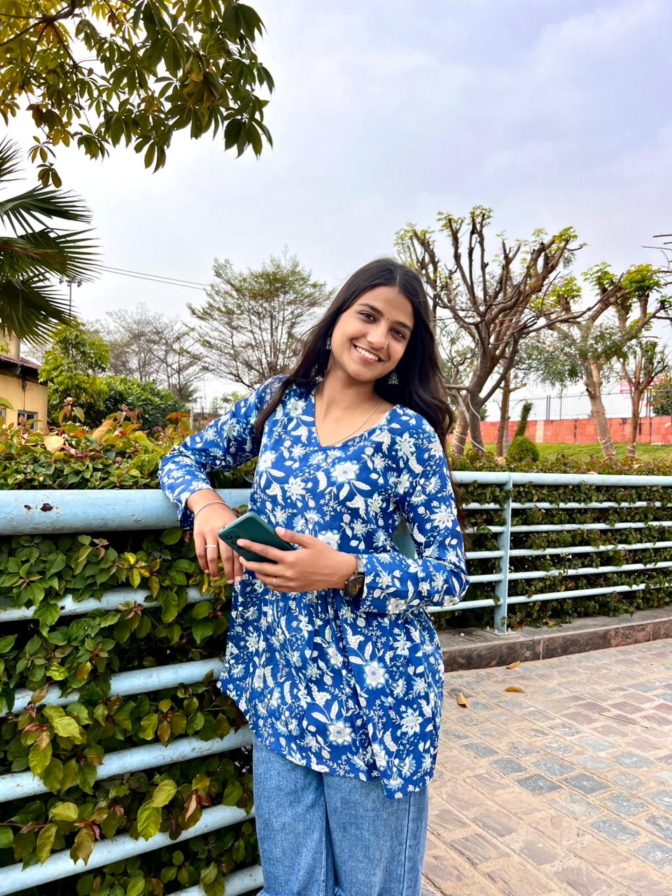 Women’s Blue Rayon Floral Printed Peplum Kurti Top