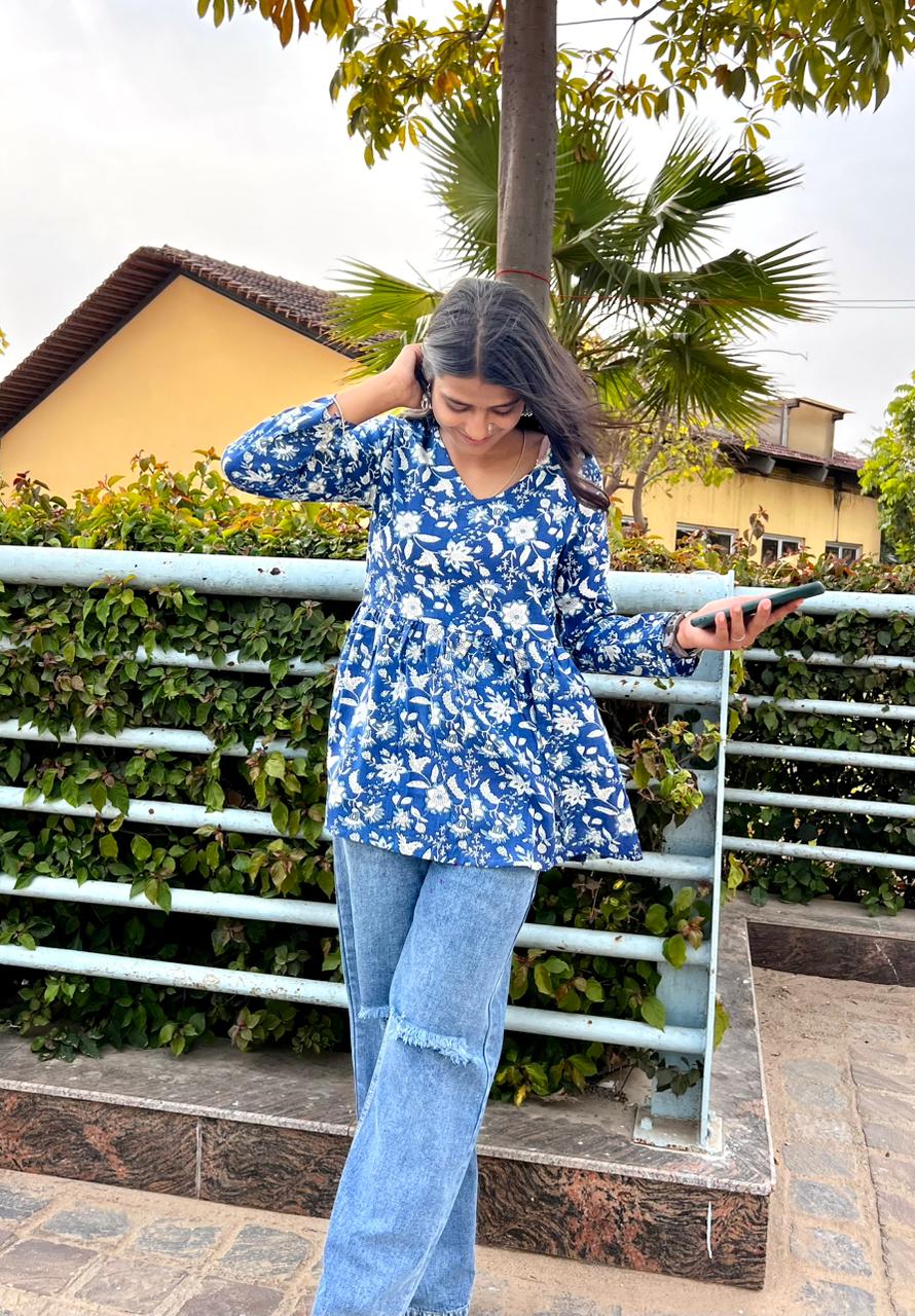 Women’s Blue Rayon Floral Printed Peplum Kurti Top