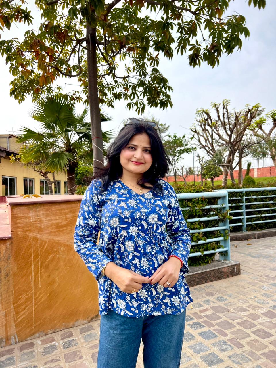 Women’s Blue Rayon Floral Printed Peplum Kurti Top