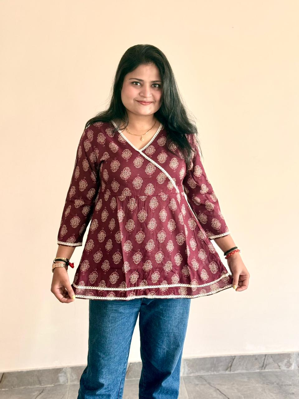 Women's Maroon Angrakha Style Printed Cotton Peplum Top