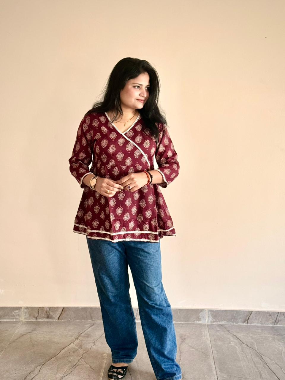 Women's Maroon Angrakha Style Printed Cotton Peplum Top