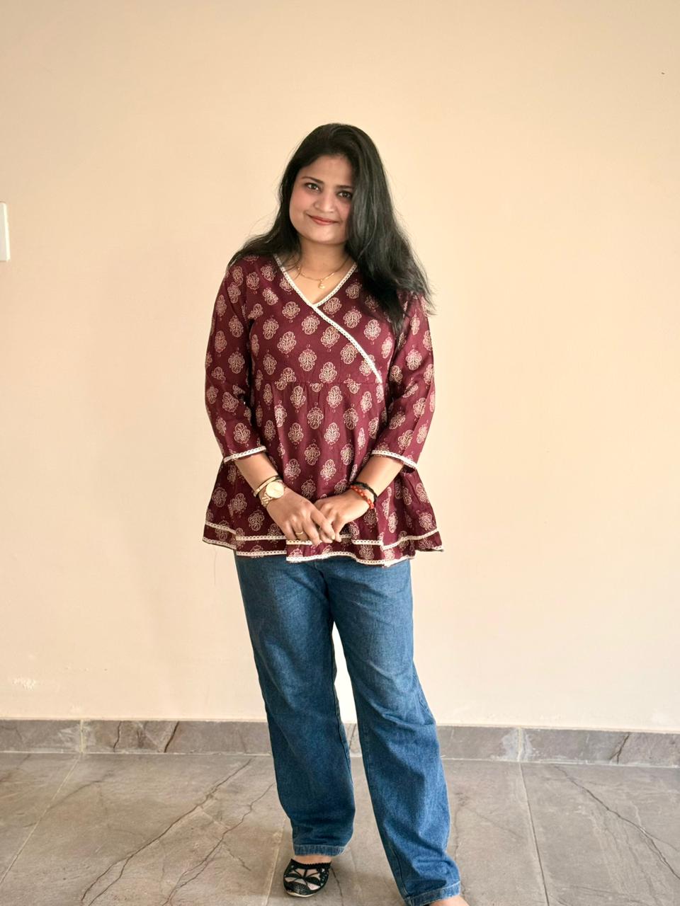 Women's Maroon Angrakha Style Printed Cotton Peplum Top