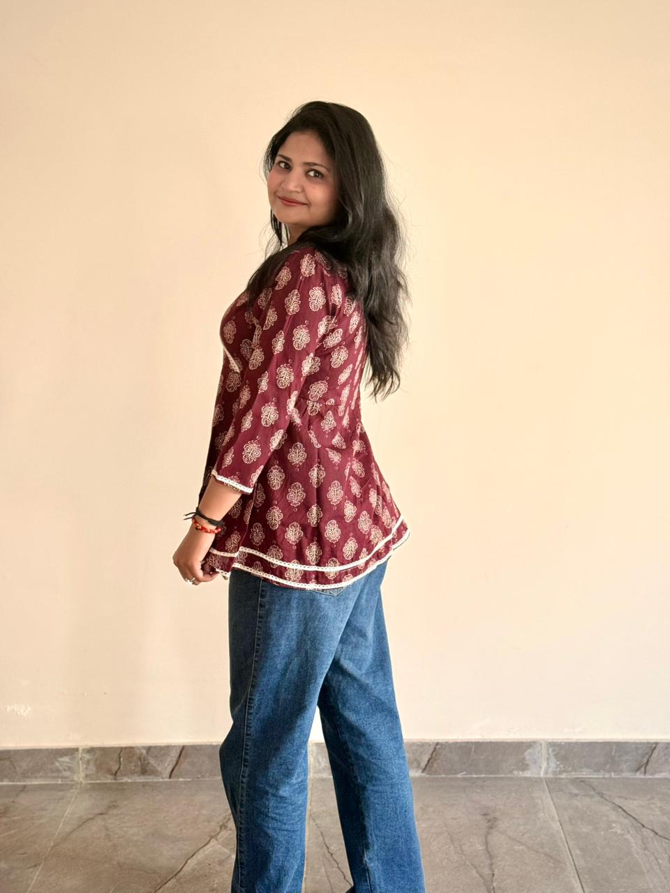 Women's Maroon Angrakha Style Printed Cotton Peplum Top