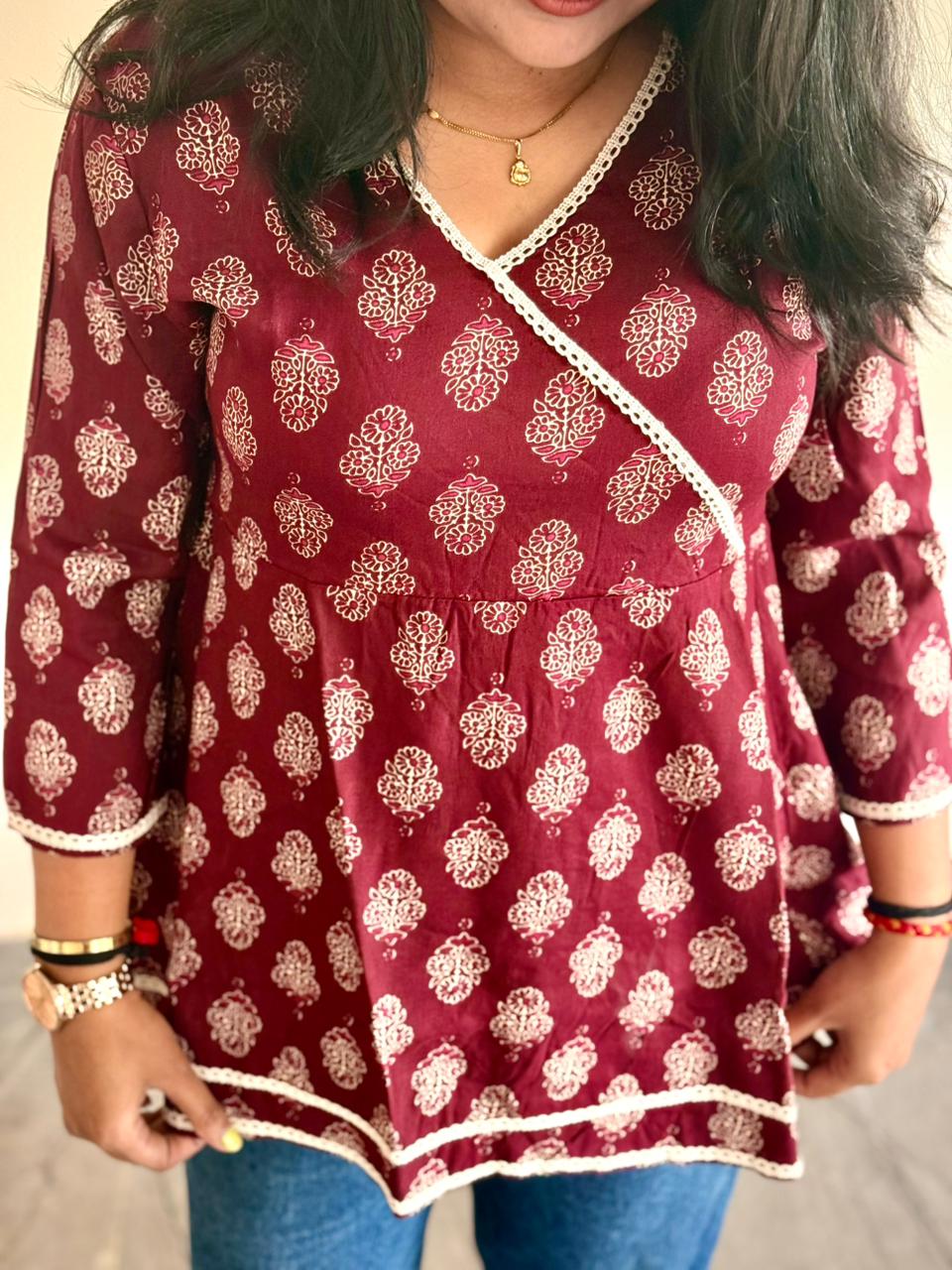 Women's Maroon Angrakha Style Printed Cotton Peplum Top