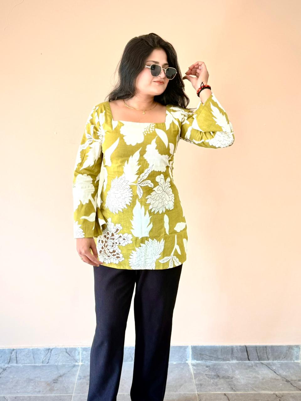 Women's Olive Green Floral Printed Cotton Bell Sleeve Tunic Top