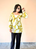Women's Olive Green Floral Printed Cotton Bell Sleeve Tunic Top