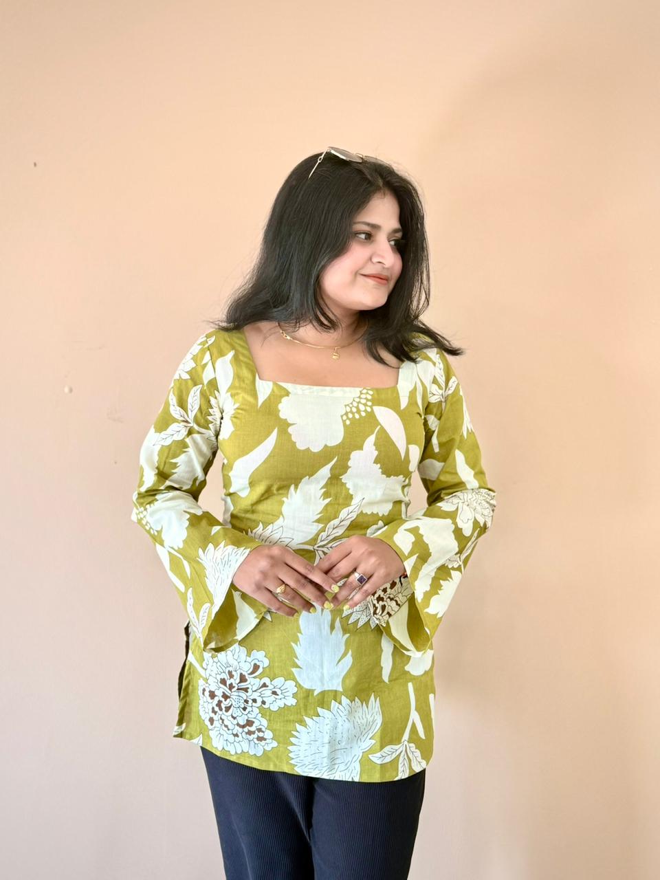 Women's Olive Green Floral Printed Cotton Bell Sleeve Tunic Top