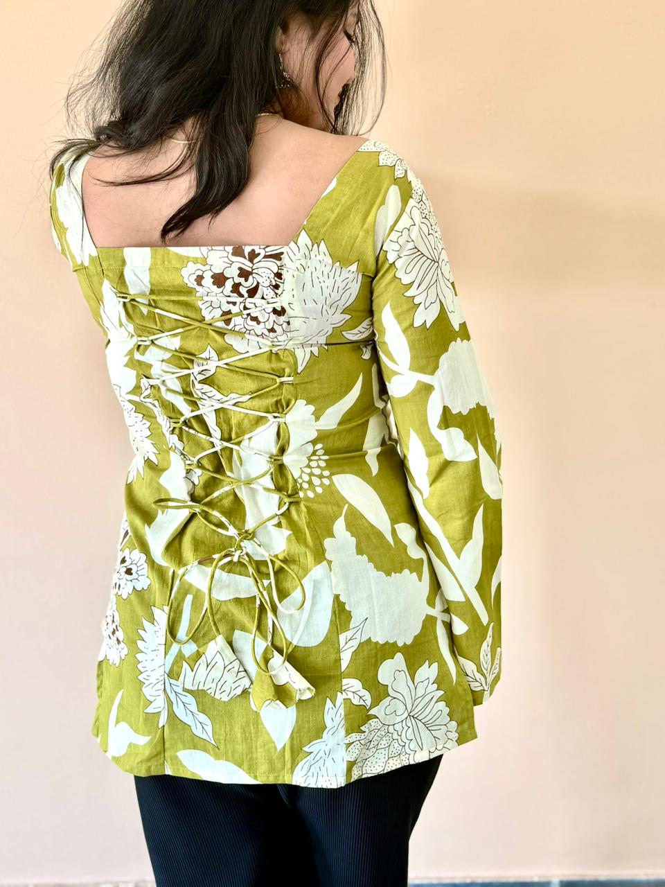 Women's Olive Green Floral Printed Cotton Bell Sleeve Tunic Top