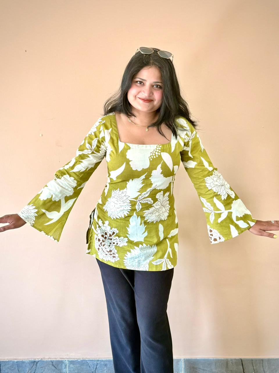 Women's Olive Green Floral Printed Cotton Bell Sleeve Tunic Top