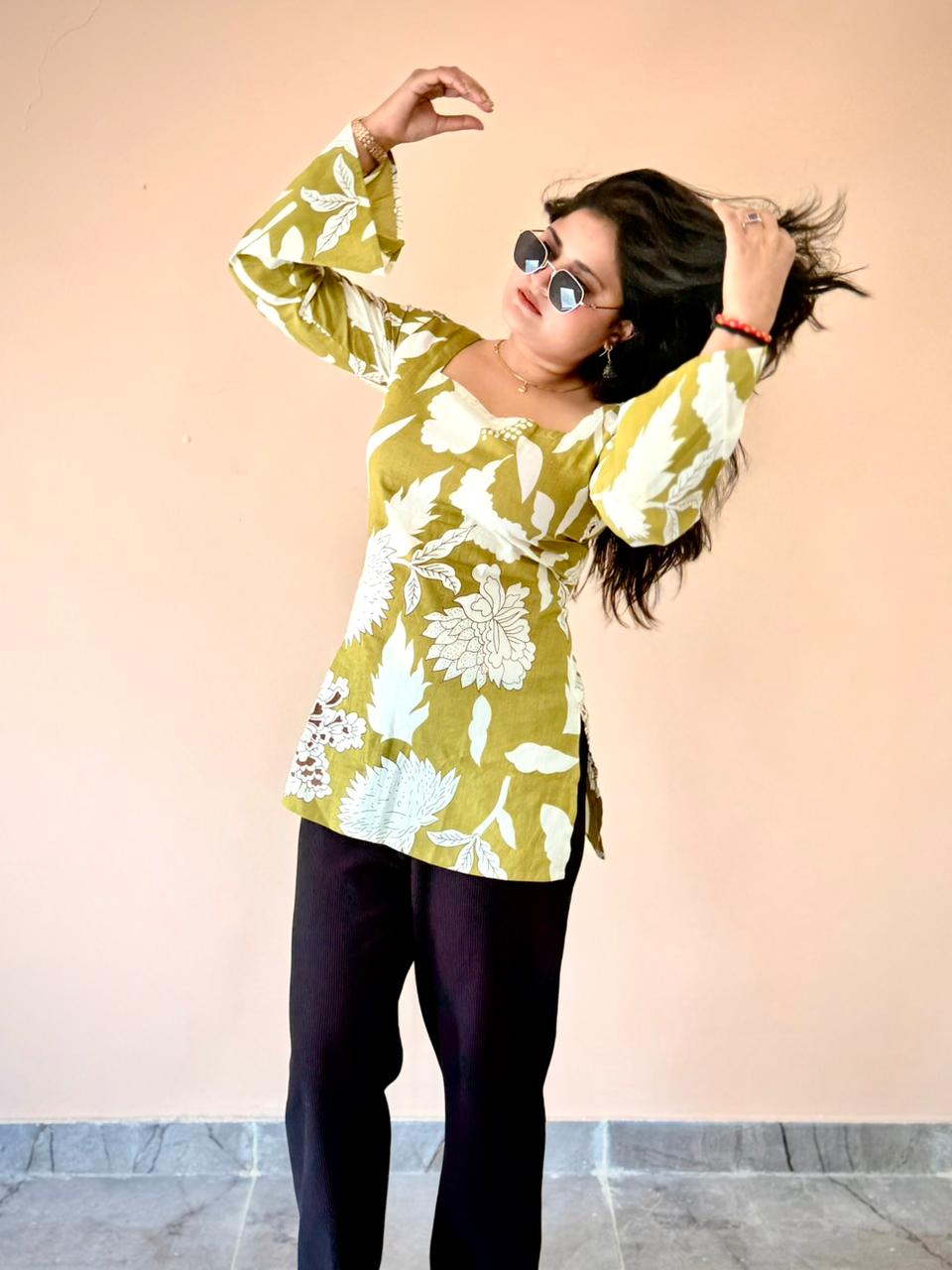 Women's Olive Green Floral Printed Cotton Bell Sleeve Tunic Top