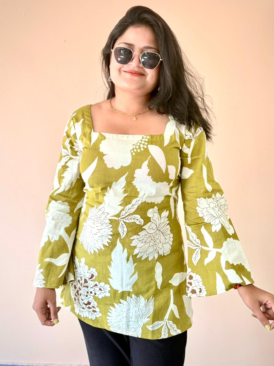 Women's Olive Green Floral Printed Cotton Bell Sleeve Tunic Top