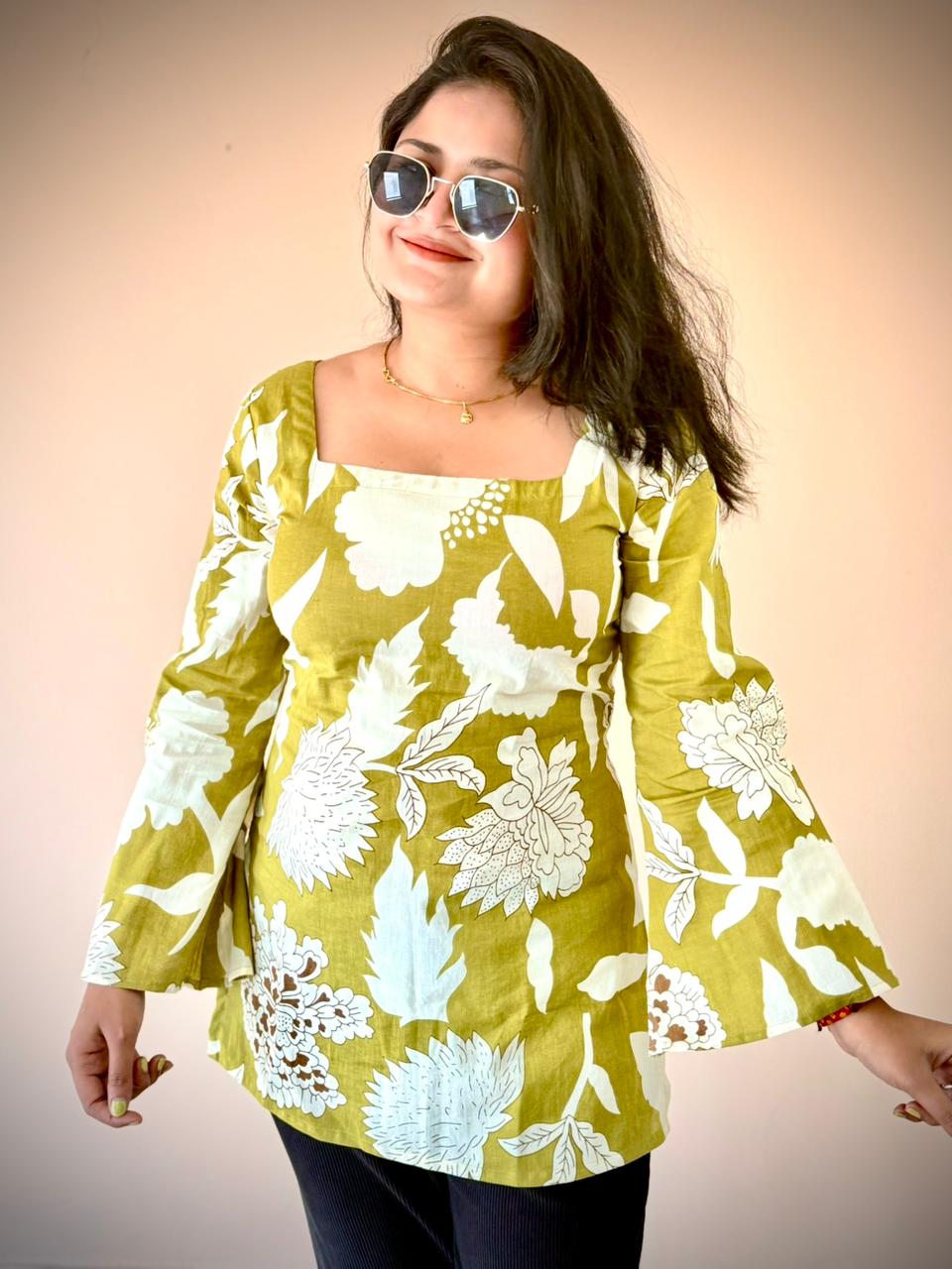 Women's Olive Green Floral Printed Cotton Bell Sleeve Tunic Top