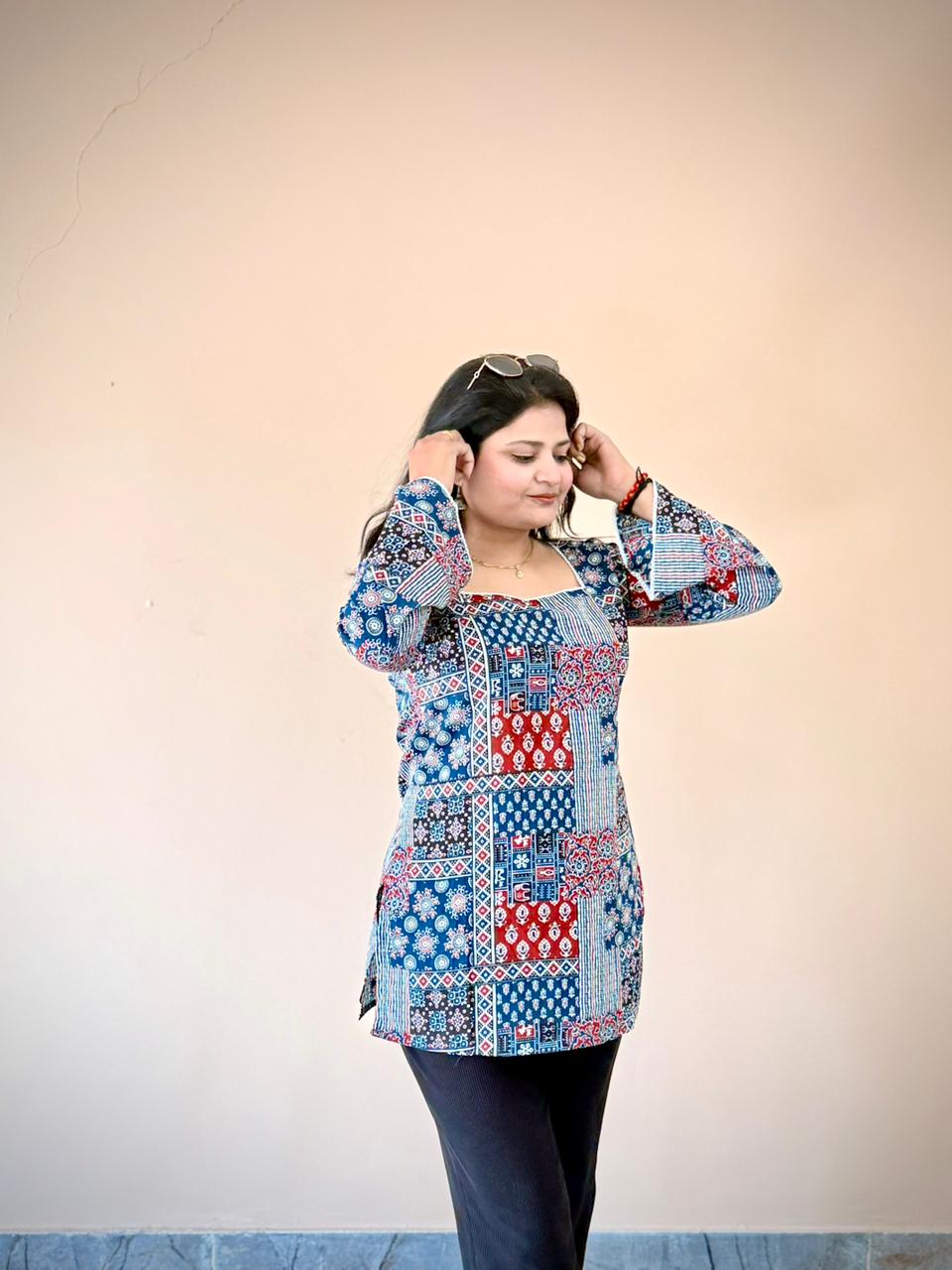 Women's Blue & Red Patchwork Printed Bell Sleeve Tunic Top