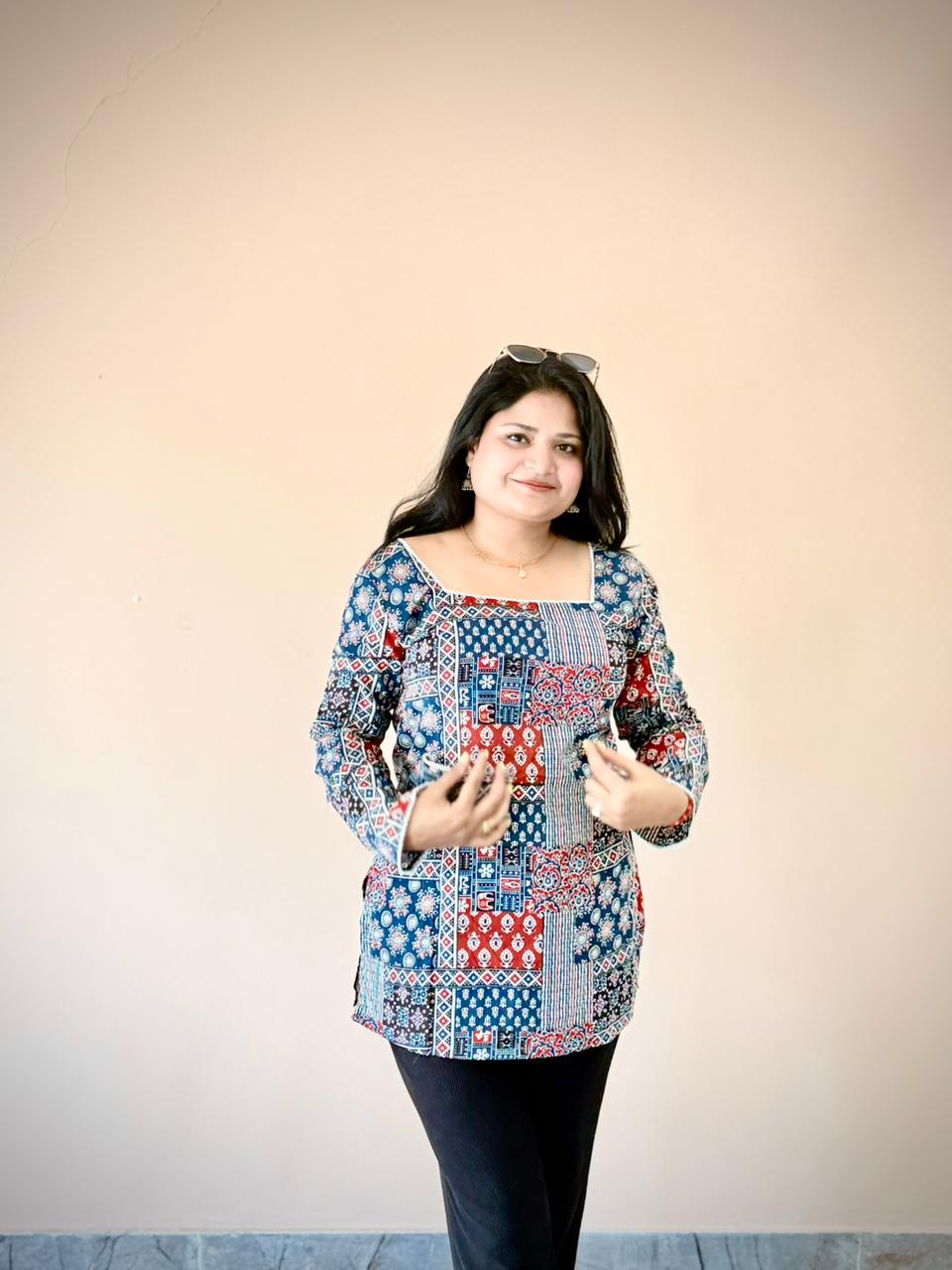 Women's Blue & Red Patchwork Printed Bell Sleeve Tunic Top