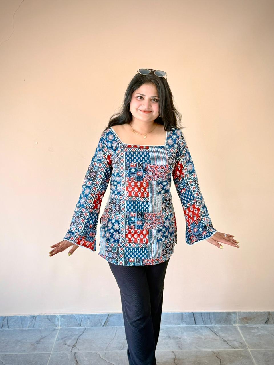 Women's Blue & Red Patchwork Printed Bell Sleeve Tunic Top