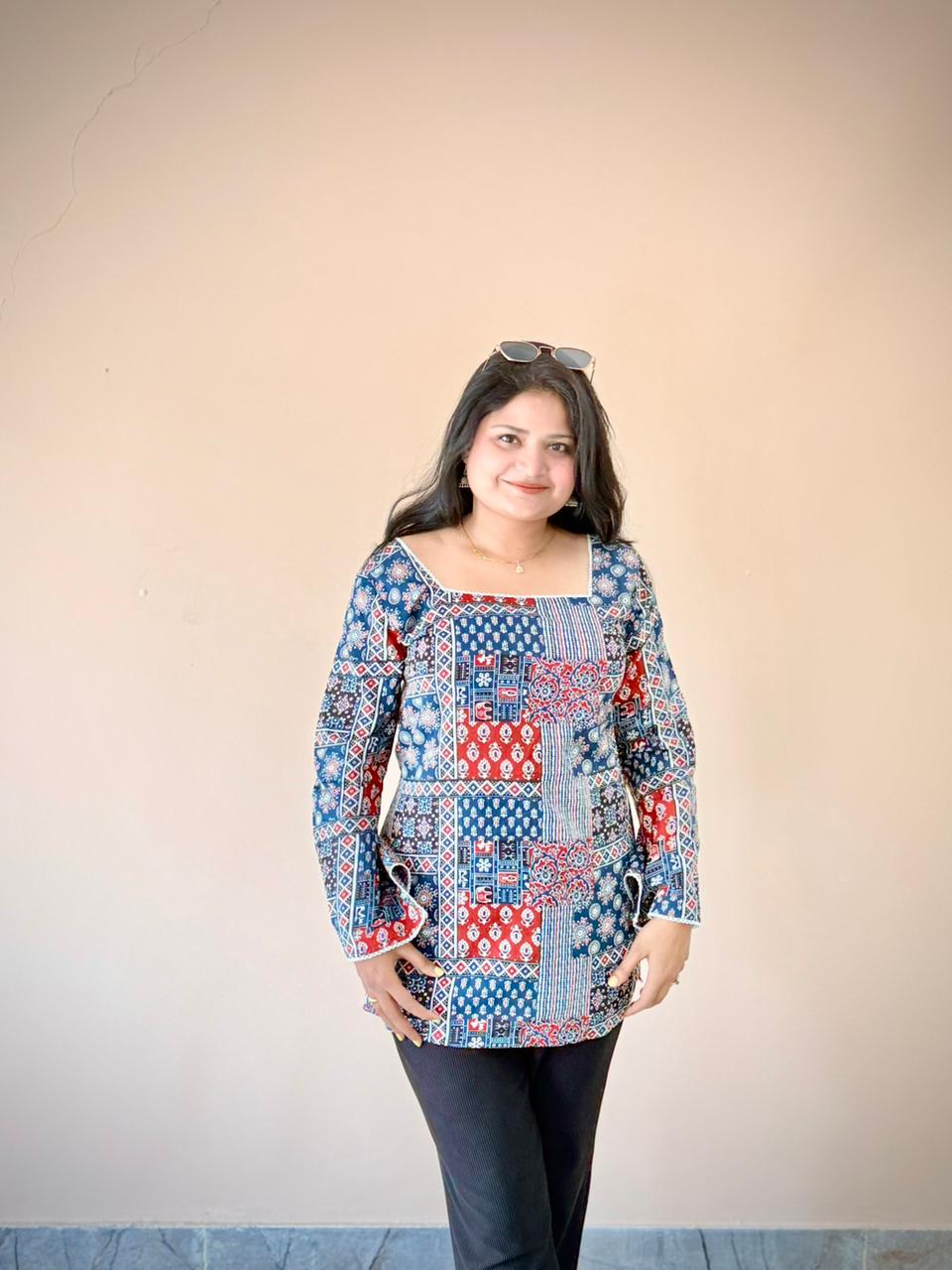 Women's Blue & Red Patchwork Printed Bell Sleeve Tunic Top