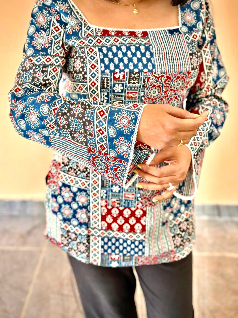 Women's Blue & Red Patchwork Printed Bell Sleeve Tunic Top