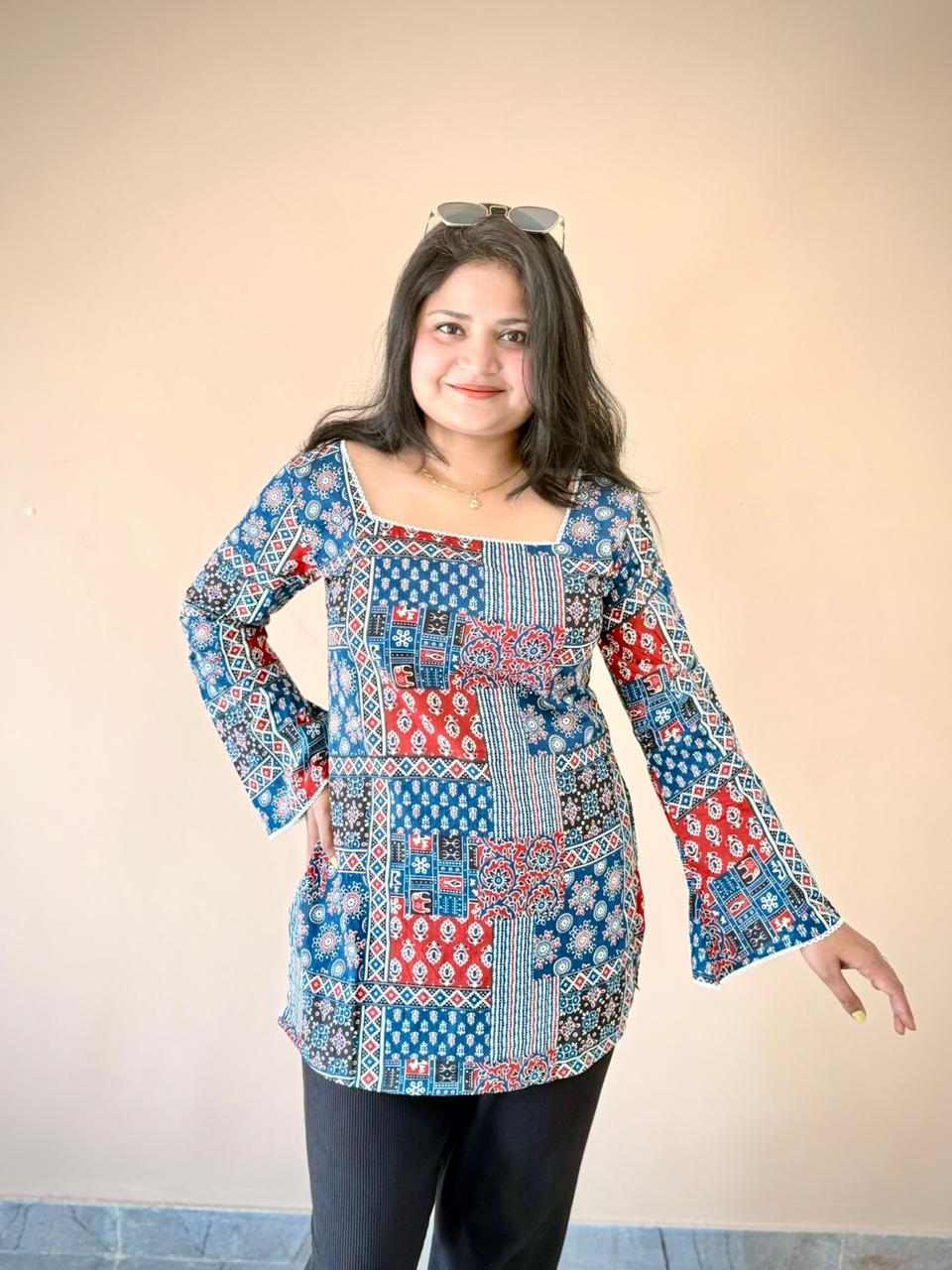 Women's Blue & Red Patchwork Printed Bell Sleeve Tunic Top