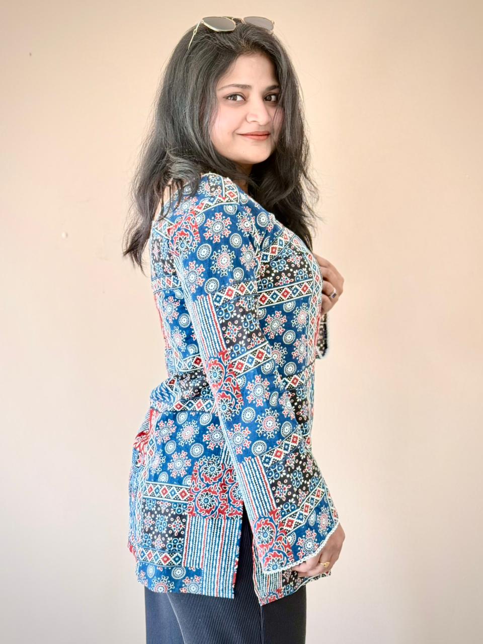 Women's Blue & Red Patchwork Printed Bell Sleeve Tunic Top