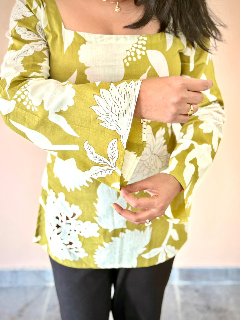 Women's Olive Green Floral Printed Cotton Bell Sleeve Tunic Top