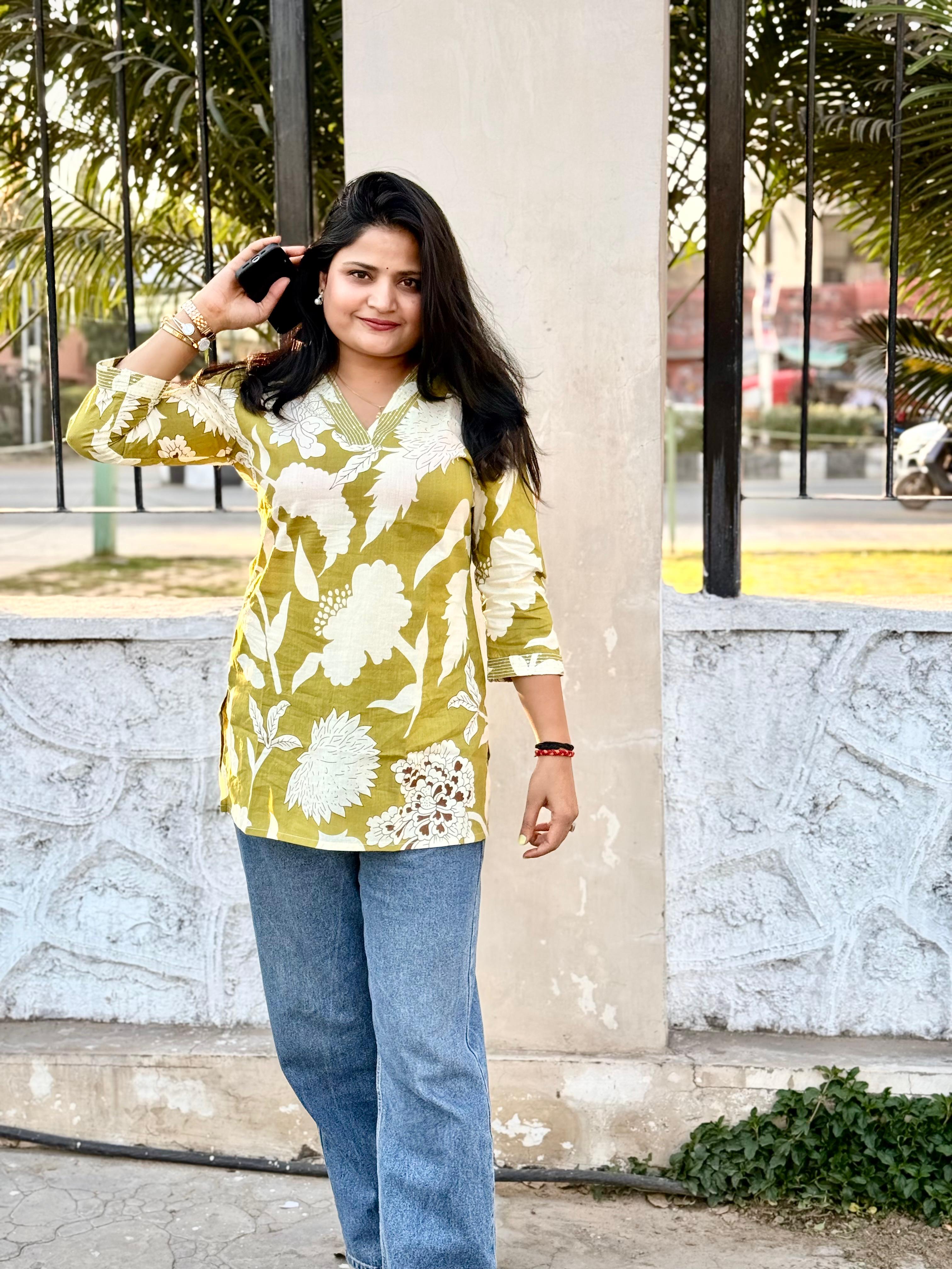 Women's Olive Green & White Bold Floral Print Cotton Tunic