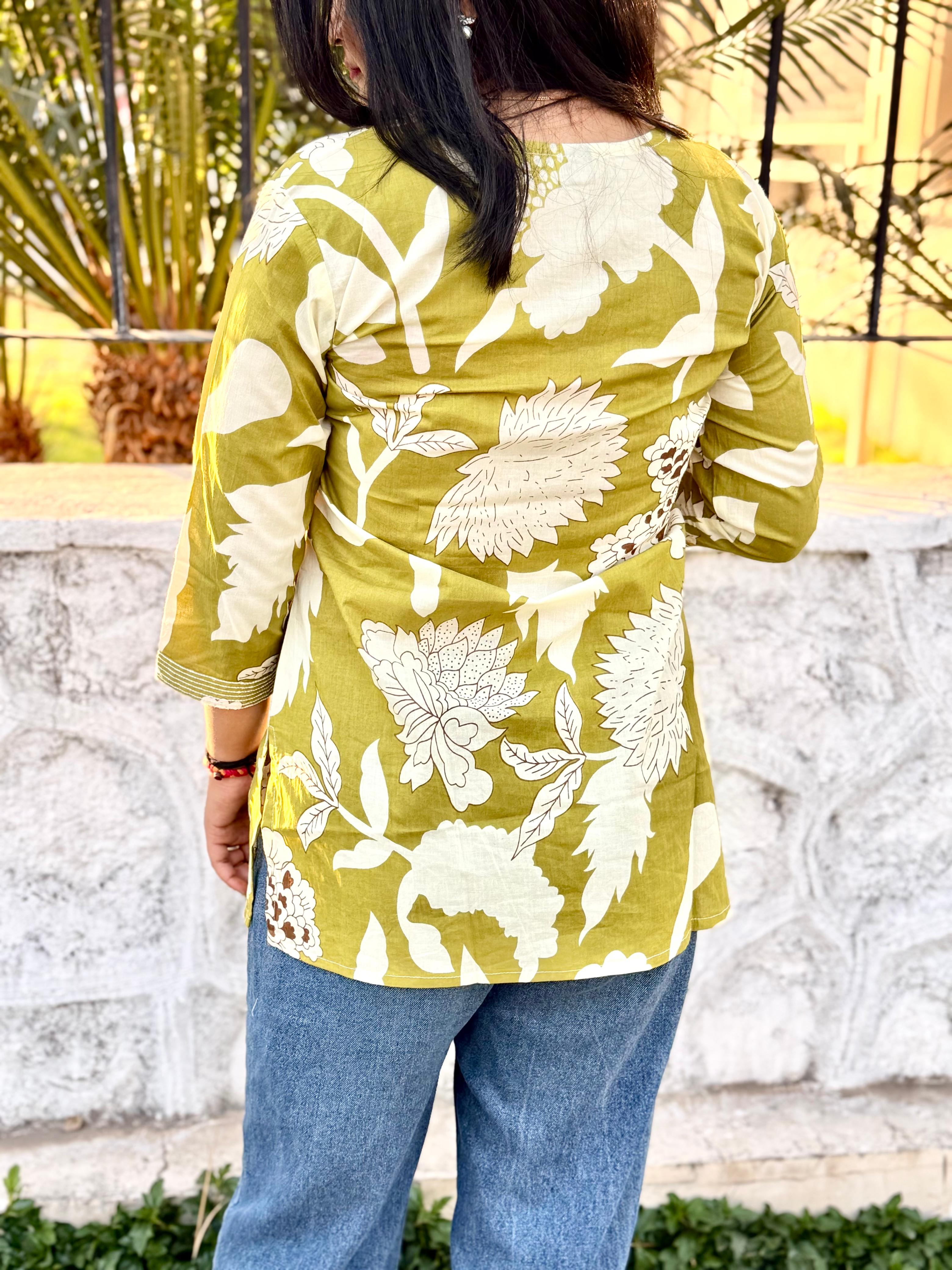 Women's Olive Green & White Bold Floral Print Cotton Tunic