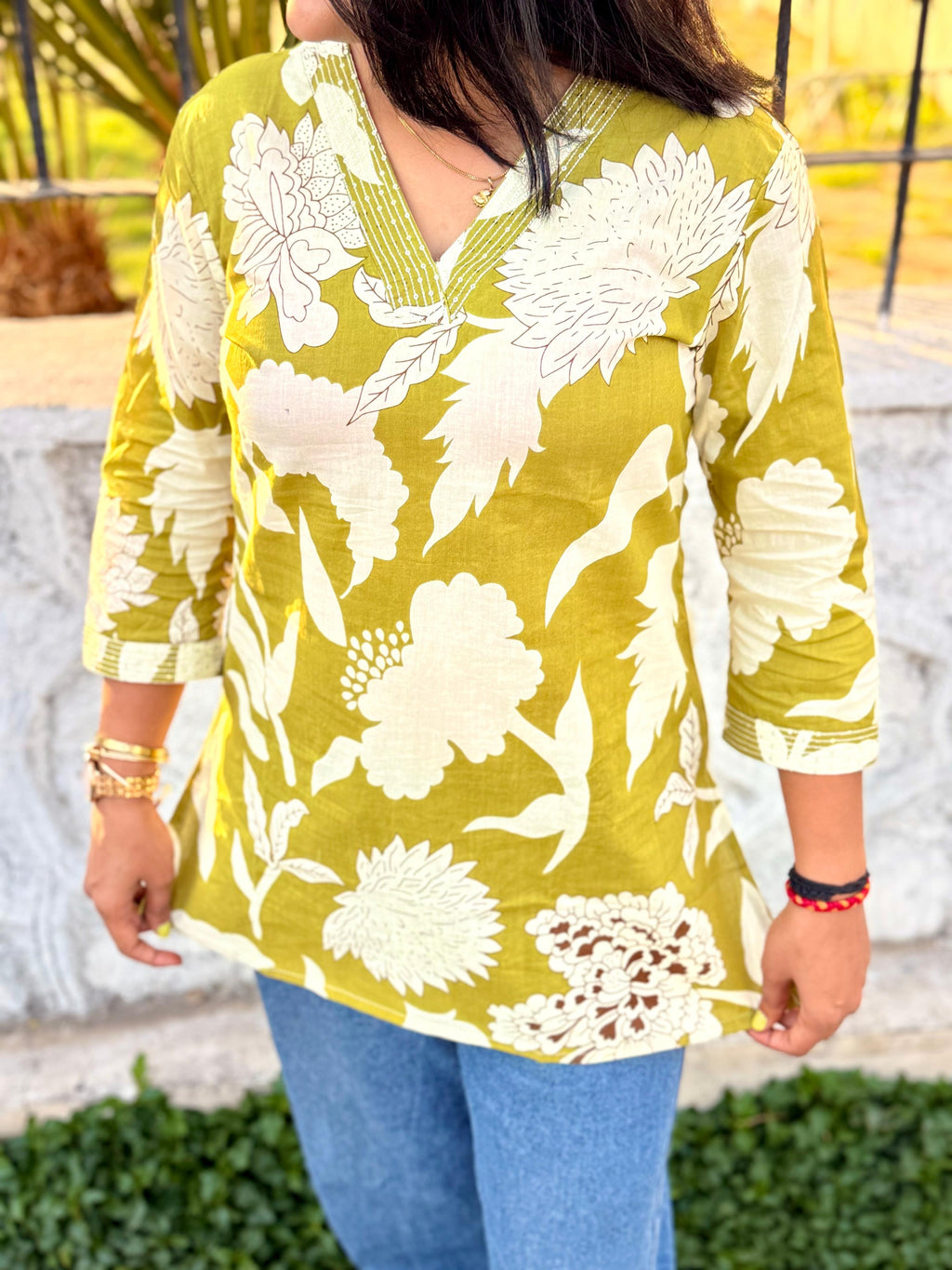 Women's Olive Green & White Bold Floral Print Cotton Tunic