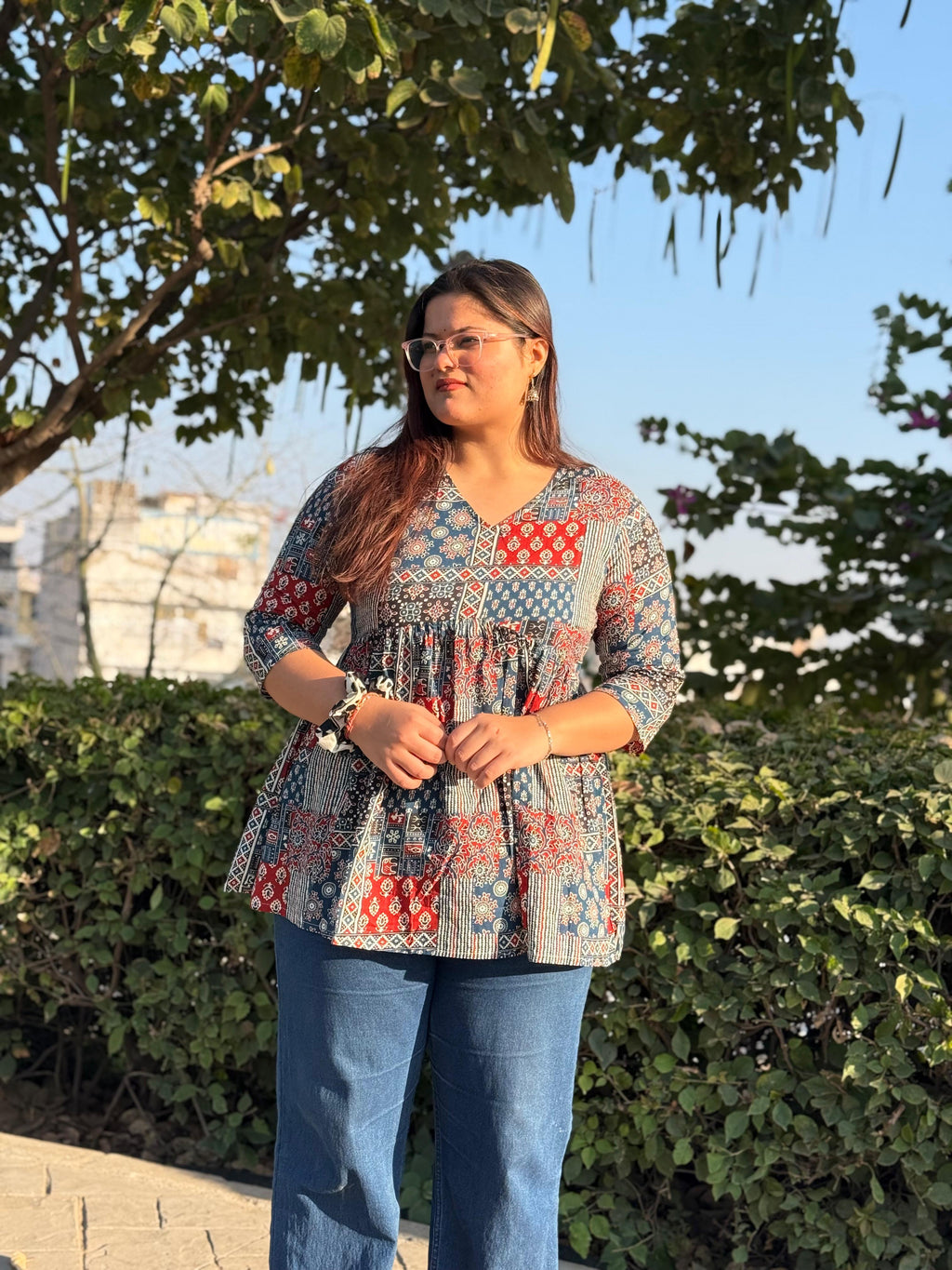 Women's Indigo Blue Ajrakh Print Cotton Peplum Kurti Top