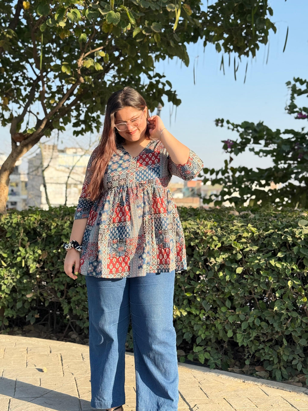 Women's Indigo Blue Ajrakh Print Cotton Peplum Kurti Top