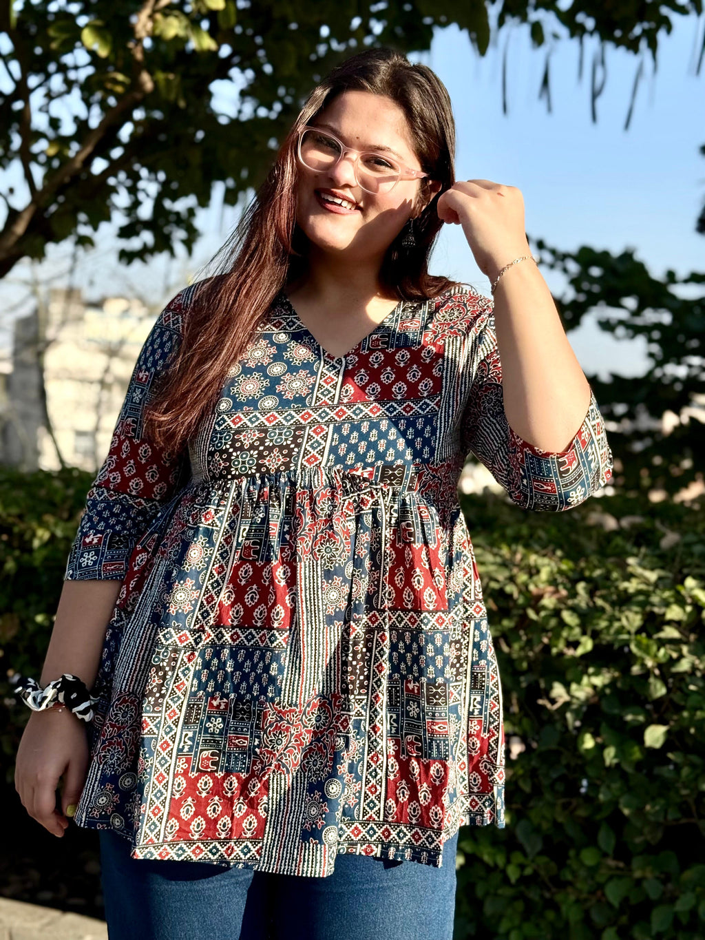 Women's Indigo Blue Ajrakh Print Cotton Peplum Kurti Top